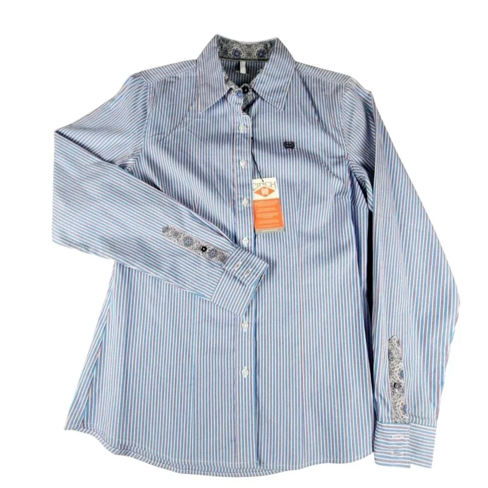 Cinch Shirt Womens Medium Blue Stripe Button Up Long Sleeve Cotton Western
